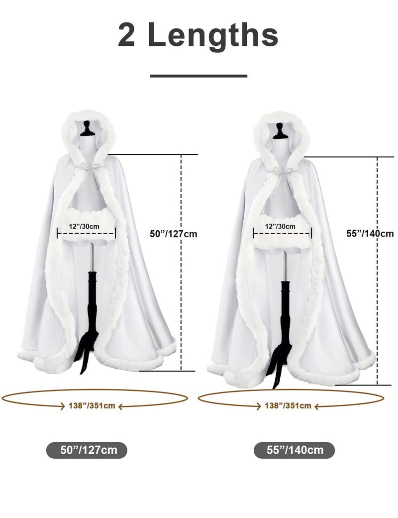 BEAUTELICATE Wedding Cape Hooded Cloak for Bride Winter Reversible with Fur Trim Free Hand Muff Length 55" White - Image 3